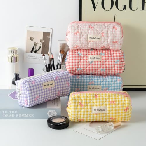Image of Carry bloom Pencil Pouch Cute Pencil Case for Girls Aesthetic Pencil Bag with Zipper Pen Cases School Supplies Makeup Bag (Checkered bow red)