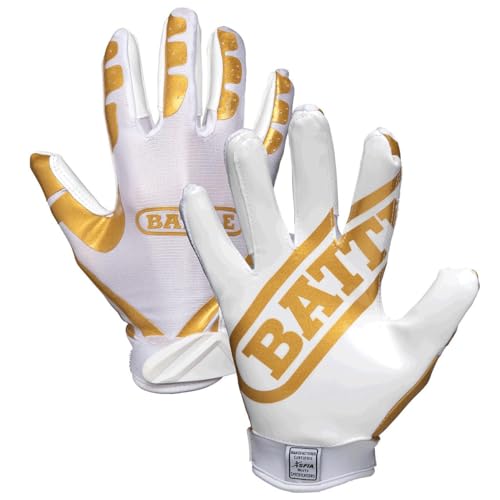 Battle Sports Ultra-Stick Wide Receiver Football Gloves - Adult & Youth Football Gloves - Youth Large, Gold/White