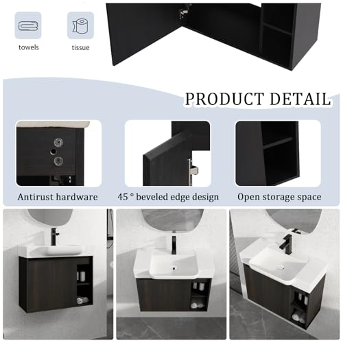 Image of 28 inch Bathroom Vanity with Ceramic Sink, Modern Wall-Mounted Bathroom Vanity with Soft-Close Door & 2 Open Storage Shelves, Farmhouse, Undermount Storage Cabinet, Easy to Clean, Dark Oak