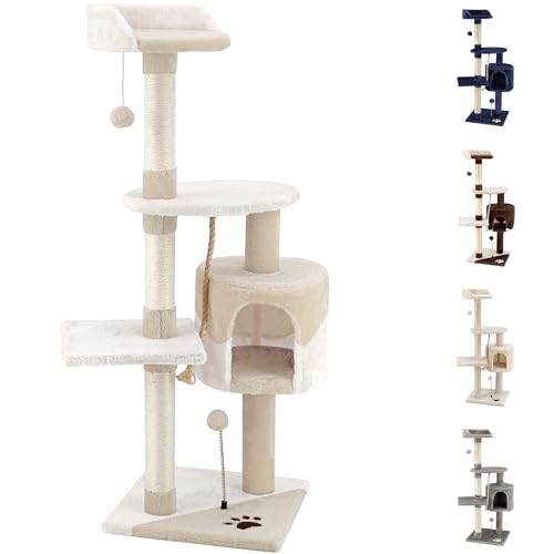 Beltom® TIRAGRAFFI per Gatto Alto 112 CM Parco Gioco Giochi GRAFFIATOIO SISAL Cuccia Albero Gatti Tira Graffi Palestra - Beige-Bianco