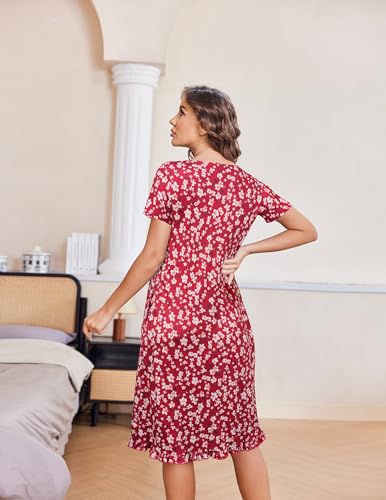 Image of Ekouaer Nightgowns for Women with Pockets Button Front Short Sleeve House Dresses Floral Print Mumu Dress