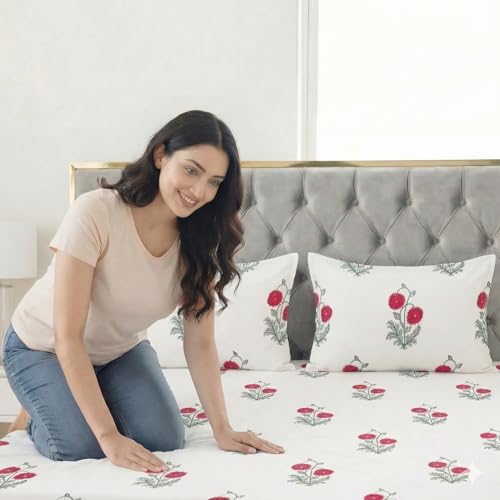 Image of LINENWALAS 100% Cotton 210 TC Double Fitted Sheet with Pillow Cover | 360 Elastic Bedsheet with 14 inch Deep Pocket - Soft Breathable Bedding (72x72 inch, Ruby Flora)