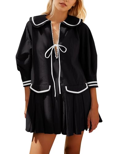 Image of Women Cute Ruffle Tunic Mini Dress Summer Pleated Babydoll Shirt Dress Casual Loose V Neck 3 /4 Sleeve Short Sundress Black