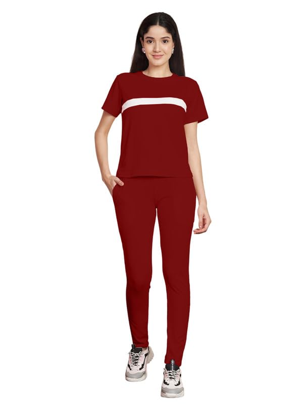 Image of DTR FASHION Polyester Blend Front Taped Tracksuit | Night Wear Suit For Women