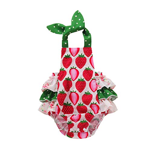 Newborn Baby Girls Cotton Ruffles Romper Cute Strawberry Print Sleeveless Bodysuit Summer Clothes for Baby Birthday Gift (Red, 0-3Months)