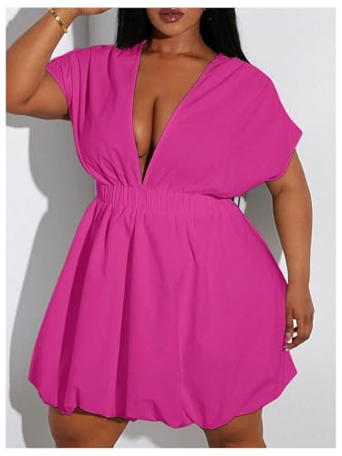 Image of WDIRARA Women's Plus Size Deep V Neck Bubble Dress Short Sleeve A Line Mini Dresses