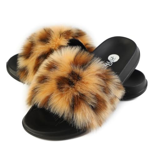 Image of Women's Faux Fur Slides, Open Toe Cute Fur Slippers, Indoor or Outdoor Comfortable Furry Slide Sandals With Fluffy Fur