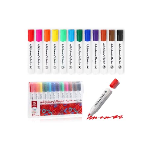 Vinabo Rotuladores de Pizarra Blanca, 12 Rotuladores de Pizarra Blanca Borrable, para Suministro Escolar, Rotuladores Pizarra en Seco, Punta cónica Fina, para Escribir Sobre Cristales, Vidrio