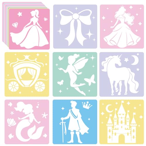 36Pcs Princess Drawing Stencils for Kids 8 Inch Reusable Fairy Sidewalk Chalk Stencil Large Fairytale Castle Stencils Princess Theme Primary Shape Template for Kids Toddlers Drawing Wall Home