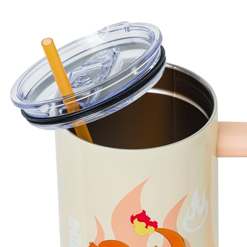 Image of Silver Buffalo Pokemon Featuring Charmander Stainless Steel Tumbler with Handle, Fits in Standard Cup Holder, 40 Ounces