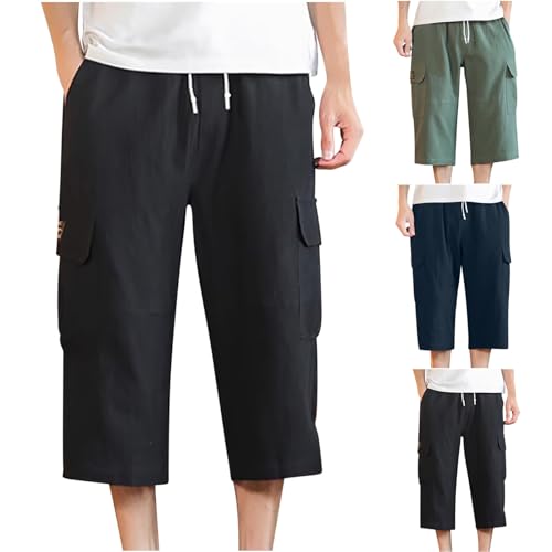 Mens Cotton Cargo Capri Shorts Summer Casual Loose Fit Lightweight Quick Dry Pant Plus Size Sports Breathable Capris Navy