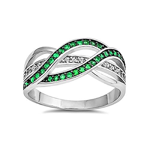 Blue Apple Co. Half Eternity Weave Knot Ring Crisscross Crossover Simulated Green Emerald Round CZ 925 Sterling Silver,Size-12