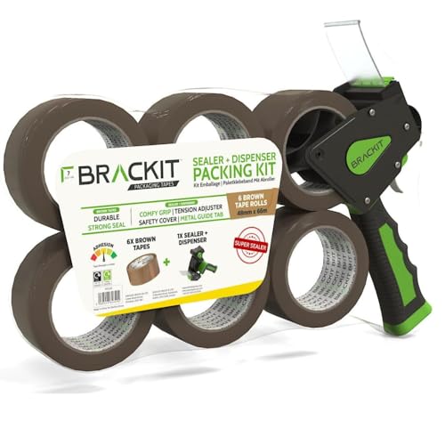 brackit Tape Gun Dispenser with 6 Brown Packing Tape Rolls 48mm x 66m