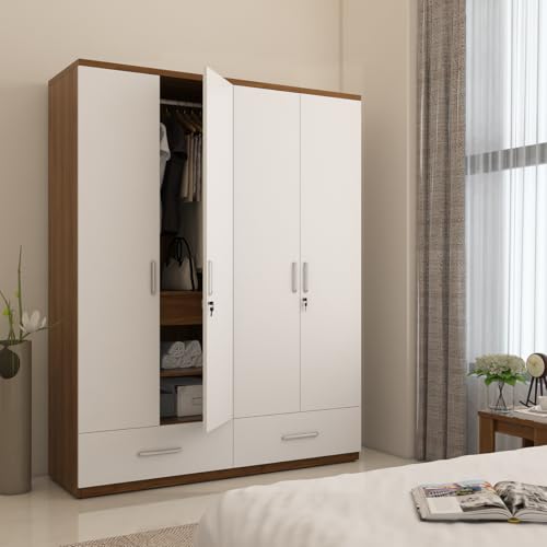 Image of Spacewood Apex Wardrobe | 3 Year Warranty | Almirah, Cupboard, Almari, 4 Door Wardrobe, 3 Drawer (1 Lock Drawer) and 2 Hanging Space & 1 Internal Locker |Engineered Wood| Frosty White