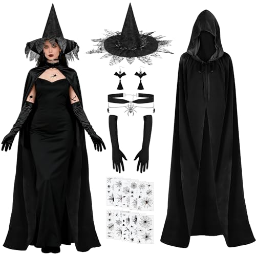 SelfTek Halloween Hexenkostüm Damen - Halloween Kostüm Damen 6 Stück Hexe Accessoires Hexenhut Hexenumhang Hexehandschuhe Spinnenhalskette...