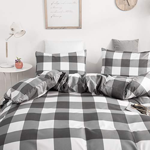 Getiann Plaid Duvet Cover Set Queen Comforter Cover Set Full 90"X90"With 2 Pillow Shams Buffalo Check Gingham Geometric Checker Printed In White And Gray Bedding Set thumb #3