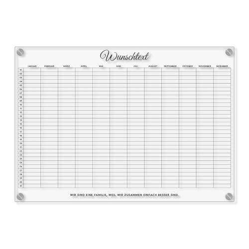 Personalisierter Acrylglas Wandkalender - Familien Jahresplaner abwischbar DIN A3, A2 oder A1 XXL wählbar inkl. Montagematerial und Edelstahl Abstandhalter, langlebig, klarer UV-Druck