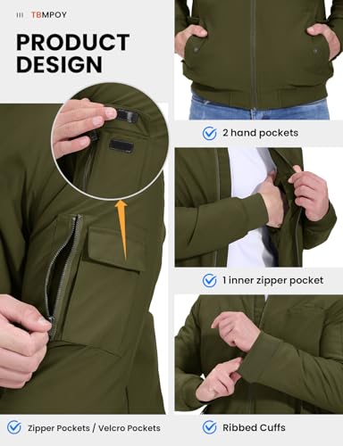 Image of TBMPOY Men's Winter Bomber Jacket Fall Casual Windbreaker Softshell Jackets | Quilted full zip coats, 5 pockets, water resistant, warm, windproof, stand-up collar, for outdoor, hiking, work, business
