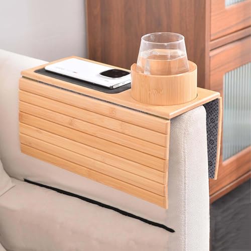 Portavasos para sofá, bandeja antideslizante 2 en 1 para reposabrazos para control remoto, aperitivos, teléfono celular, diseño de madera versátil, perfecto para uso en el sofá