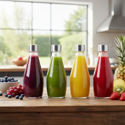 Image of Glassbunny 250ml Transparent Glass Bottle with Stainless Steel Lid & Anti-Slip Bottom, Leak-Proof, Reusable for Water, Juice, Smoothies, Milk for Home, Office, Gym & Travel (Pack of 4)