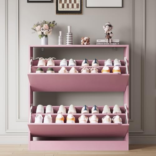 Image of Xixini Shoe Storage Cabinet for Entryway with 2 Flip Drawers, Wood Freestanding Hidden Shoe Storage, Narrow Slim Sturdy Shoe Organizer for Front Door Entrance, Living Room, Hallway, Bedroom, Pink