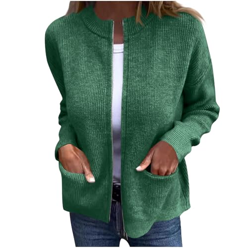 Women's Plus Size Full Zipper Jackets Outwear Casual Long Sleeve Crew Neck Comfy Solid Knit Jackets Coat with Pockets