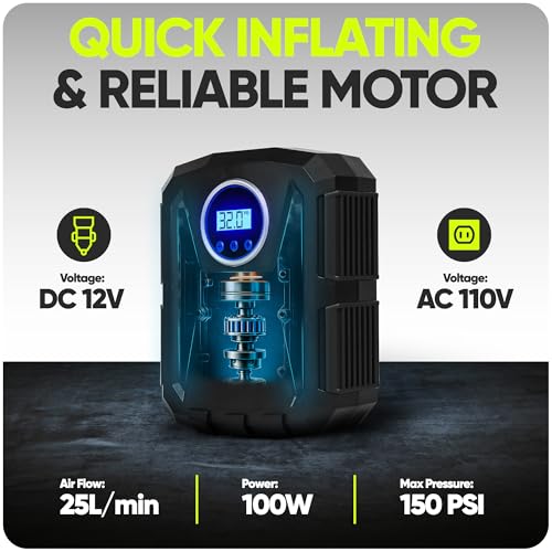 Image of FORTEM Car Wheel Inflator, Air Compressor - Portable Air Compressor for Wheels 230V AC 12V DC with LED Light - Digital Pressure Gauge, Self-Pumping, Auto Stop - Carry Bag