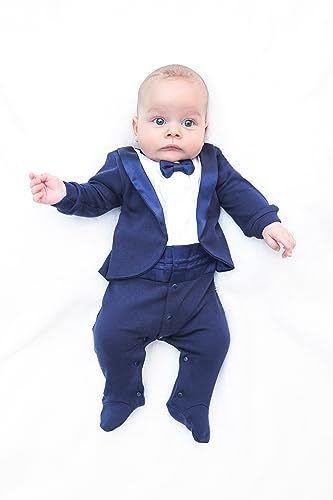Lilax Baby Boy Gentleman Tuxedo Footie Christmas Holiday Outfit With Bow Tie 3M Navy #TOP5