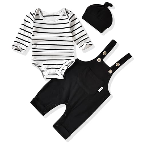 Image of Unutiylo Baby Boy Outfits Long Sleeve Romper Suspenders Overall Pants Set Fall Winter Clothes With Hat