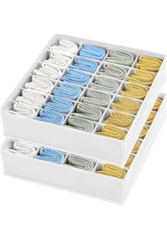 DIMJ Sock Organizer - Drawer Organiser & Closet Organiser - 2 Pack - 48 Cells - Collapsible Storage Holders for Socks Ties Belts (White)