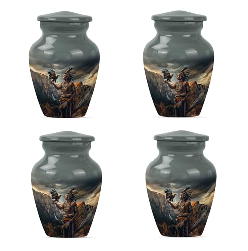 Image of Native American Urn for Human Ashes - Small Decorative Ash Holder for Adult Male (3 Inch, Pack of 4)