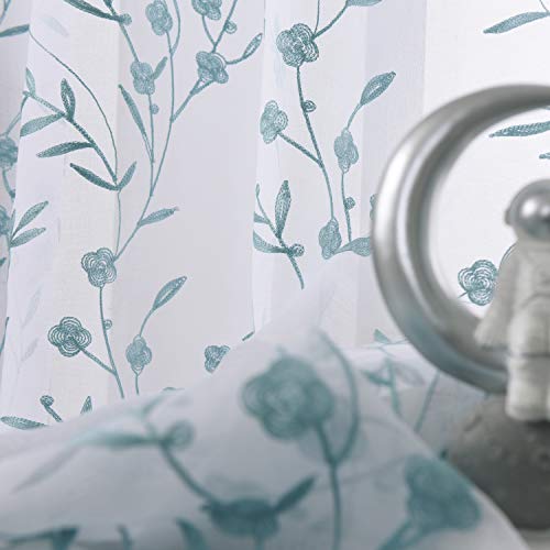 Sheer Curtains Floral Embroidery Blue 84 Inch Long Rod Pocket Lace Drapes For Living Room, Bedroom, 2 Panels, 52"X84", Semi Voile Pattern Outdoor Window Treatment Sets For Yard, Patio, Villa, Parlor. #TOP6