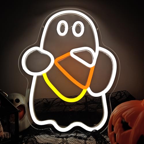 Image of Halloween Neon Sign Dimmable Candy Corn Neon Sign for Wall Decor Ghost Neon Window Light Sign Led Halloween Candy Corn Ghost Decoration for Indoor, Bedroom, Kids Room, Halloween Party, white