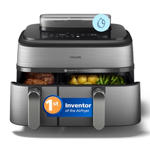 Philips Airfryer 5000 Series Dual Basket with Steam - Unique Steamfry, Steam & Airfry - 19 Ways to Cook; 9L Capacity (3L + 6L), RapidAir Plus Technology, Auto SteamClean (NA555/09) option