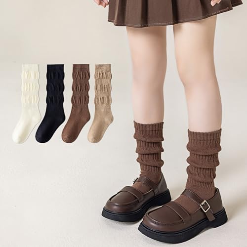 Kids Slouchy Ribbed Cotton Socks – Midway Between Crew and Knee High Socks for Girls (Ages 4-12, Pack of 4 Colors)3