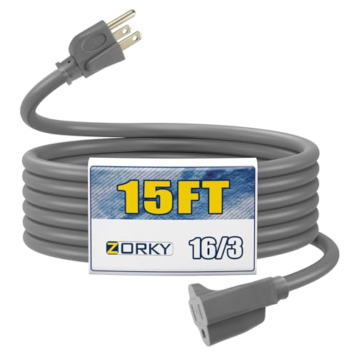 Image of 15ft Outdoor Extension Cord for Christmas Decorations - 16 /3 Heavy Duty SJTW Waterproof Gray Electrical Cable with 3 Prong Grounded Plug for Safety, Great for Lawn and Major Appliances