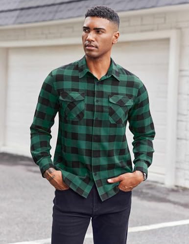 COOFANDY Men's Cotton Flannel Shirts Long Sleeve Button Down Casual Wear for Hiking Camping Green - Image 5
