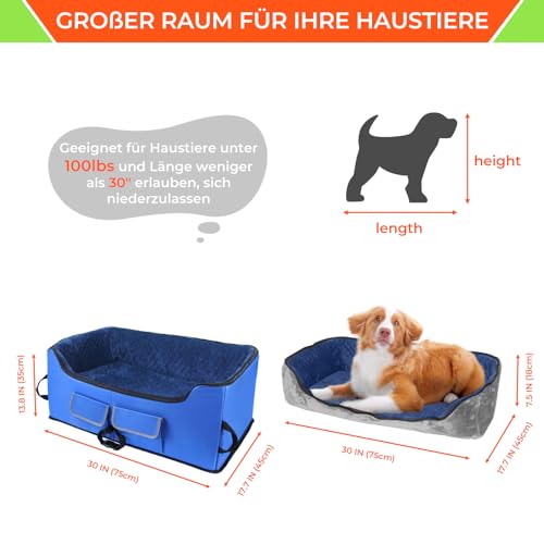 Babenest Hunde Autositz, Sehr Stabiler Mehrere Haustiere Auto Erhöhter mit Sicherheitsgurt für Mittlere Hunde, Faltbare Waschbarer und Große Kapazitäter Auto Hundekorb für Rücksitz (Blue, L)