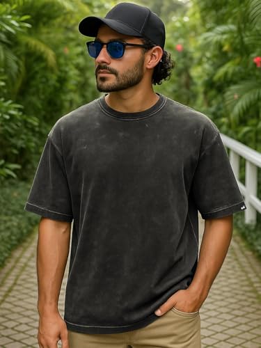 Image of Bewakoof Men's Solid 100% Cotton T-Shirt- Oversized Fit, Round Neck, Half Sleeves Black
