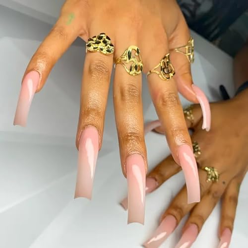 IMSOHOT Curved Press on Nails Long Square Fake Nails Glossy Nude False Nails Full Cover Glossy Acrylic Artificial Extra Long Stick on Nails for Women 24Pcs