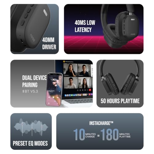 Image of Noise Airwave Max 2 Wireless On-Ear Headphones with 50H Playtime, 40mm Drivers - Deep Bass, 3 Preset EQ Modes, 40m /s Low Latency, Dual Pairing,BT V5.3 (Bold Black)
