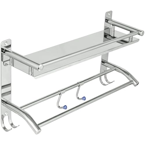 Image of Zureni 2-in-1 Shelf Rack for Bathroom 304 Grade Stainless Steel Towel Hanger with Multiple Hooks Multipurpose Wall Mount Accessories Storage Stand Home Washroom (Pack of 1)