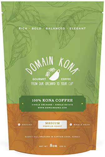 100% Kona Coffee â€“ Whole Bean, Medium roast, Single estate gourmet coffee, 8 ounces, Farm fresh roasted from Domain Kona Coffee
