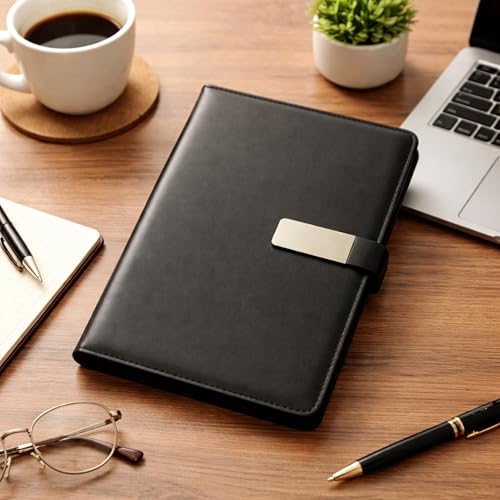Image of A5 Leather Diary for Men & Women | Premium Refillable Ring Binder Notebook with 192 Ruled Pages | Magnetic Closure Office Diary, Planner, Personal Journal & Writing Notebook (Black)
