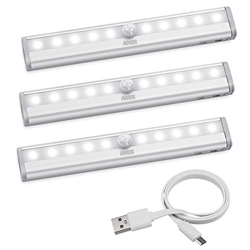 AMIR Upgraded Motion Sensing Closet Lights, DIY Stick-on Anywhere, 10 LED Night Light for Cabinet, Closet, Wardrobe, Stairs, Step Light with Magnetic Strip (USB Rechargeable - Pack of 3)