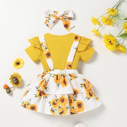 Baby Girl Clothes Cute Summer Outfits Short Sleeve Romper Adjustable Floral Overall Dress Headband 3PCS4