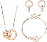 KBRPEY Jewellery Set for Women Necklace Bracelet and Earrings Set Double Circle Pendant Cubic Zirconia Round Interlocking Pendant Jewellery gifts for Her Wife Rose Gold(Rose Gold)