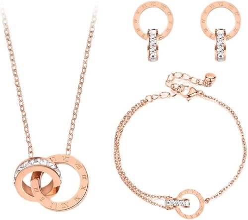 KBRPEY Jewellery Set for Women Necklace Bracelet and Earrings Set Double Circle Pendant Cubic Zirconia Round Interlocking Pendant Jewellery gifts for Her Wife Rose Gold(Rose Gold)