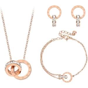 Jewellery Set for Women Necklace Bracelet and Earrings Set Double Circle Pendant Cubic Zirconia Round Interlocking Pendant Jewellery gifts for Her Wife Rose Gold