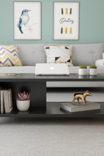 Image of MATTERHORN Wooden Coffee Table with Wheels & Storage Shelf | Modern Centre Table for Living Room, Tea & Drawing Room | Free Assembly, 80 x 40 x 40 cm (MOCT-R92101) (Ebony Black)